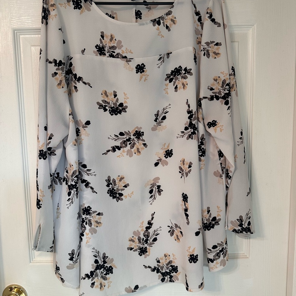 Lane Bryant White Long-Sleeve Floral Shift Dress with Black & Beige Print